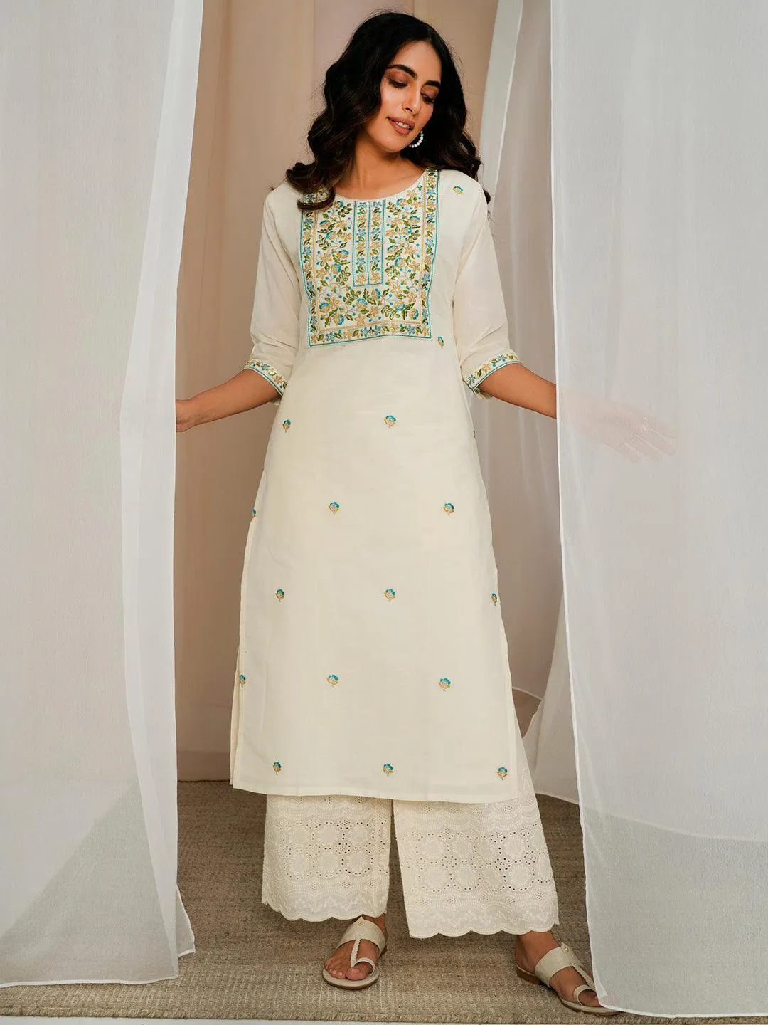 1_99d43705-c913-450e-83fe-5de71ef10c3c-1.webp Off White Embroidered Cotton Straight Kurta - Image 1
