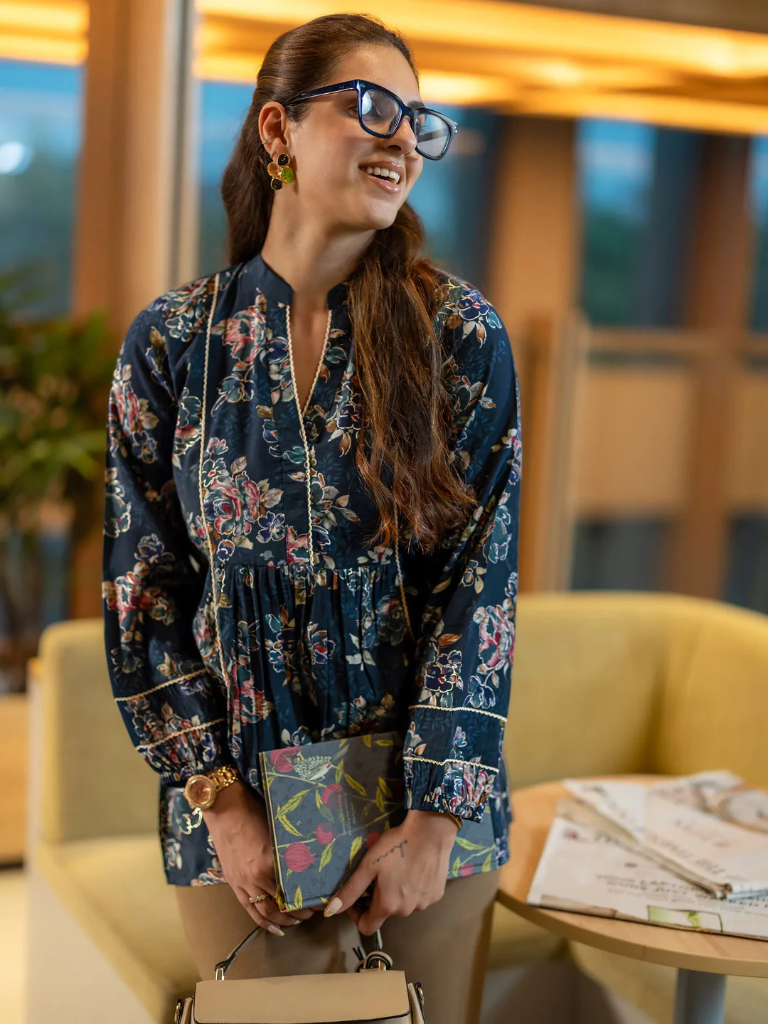 29384O_main-1.webp Blue Printed Silk Blend A-Line Short Kurti - Image 1