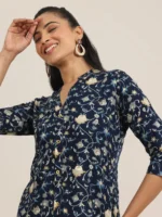 Blue Printed Rayon Straight Short Kurti - Image 4