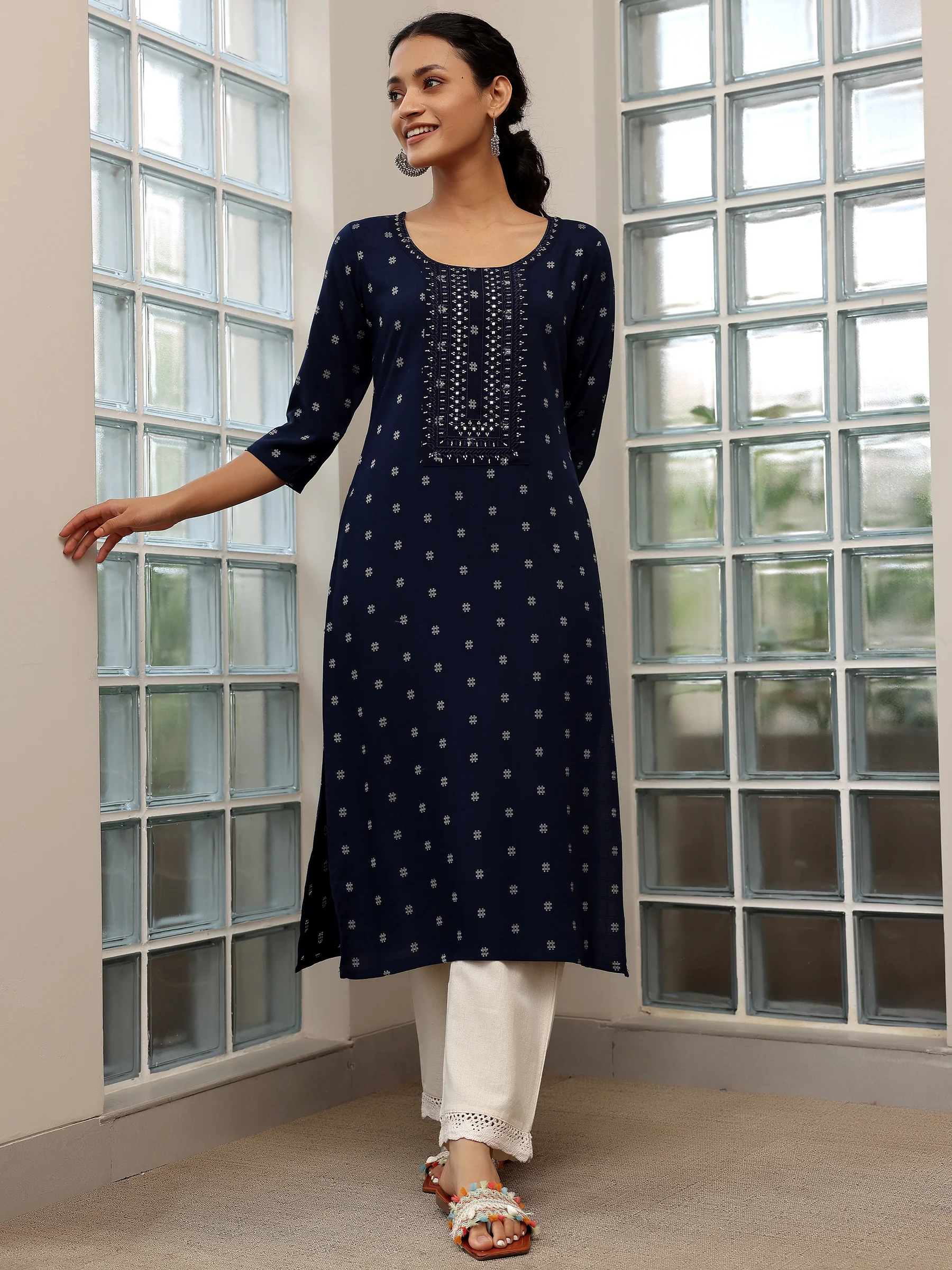 29647C_5.webp Blue Woven Design Cotton Straight Kurtas - Image 1