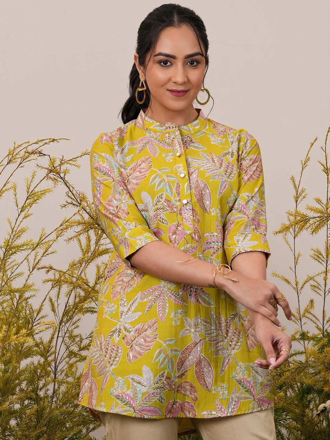 37077_1.webp Yellow Printed Silk Blend A-Line Kurti - Image 1