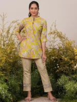 Yellow Printed Silk Blend A-Line Kurti - Image 3