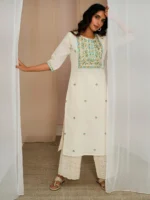 Off White Embroidered Cotton Straight Kurta - Image 4
