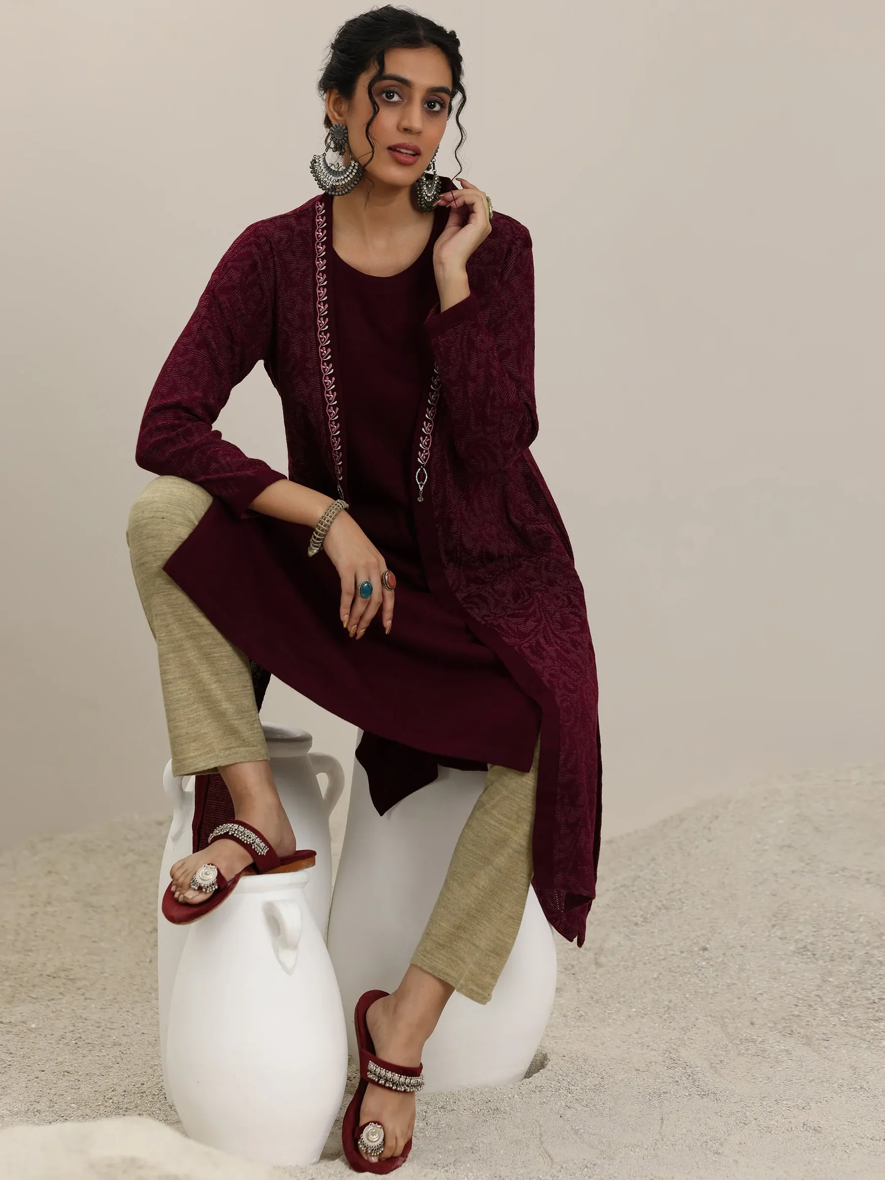 58156W_6.webp Maroon Solid Wool Straight Kurta - Image 1