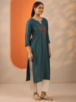 Grey Embroidered Silk Blend Straight Kurta - Image 2