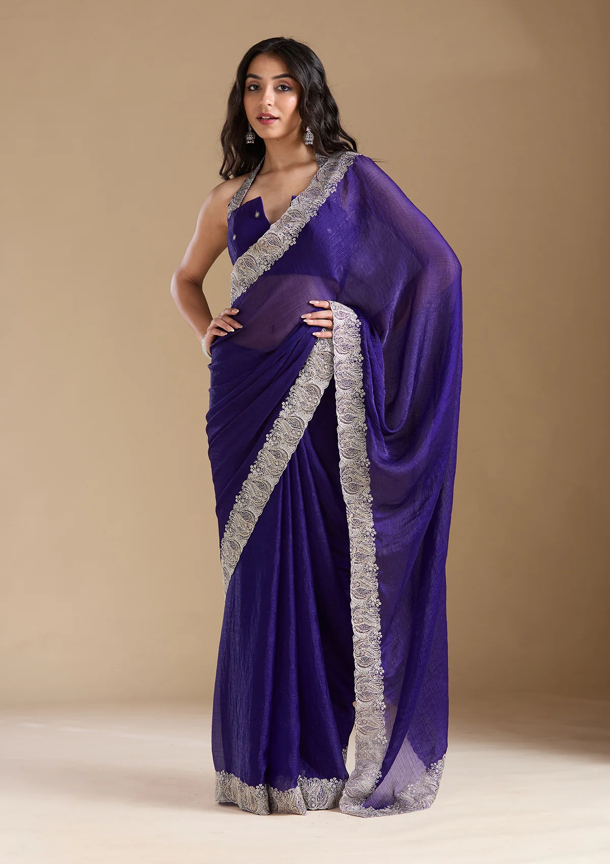 SAUS0044127_VIOLET_5.webp Violet Zariwork (Silver) Chiffon Saree - Image 1