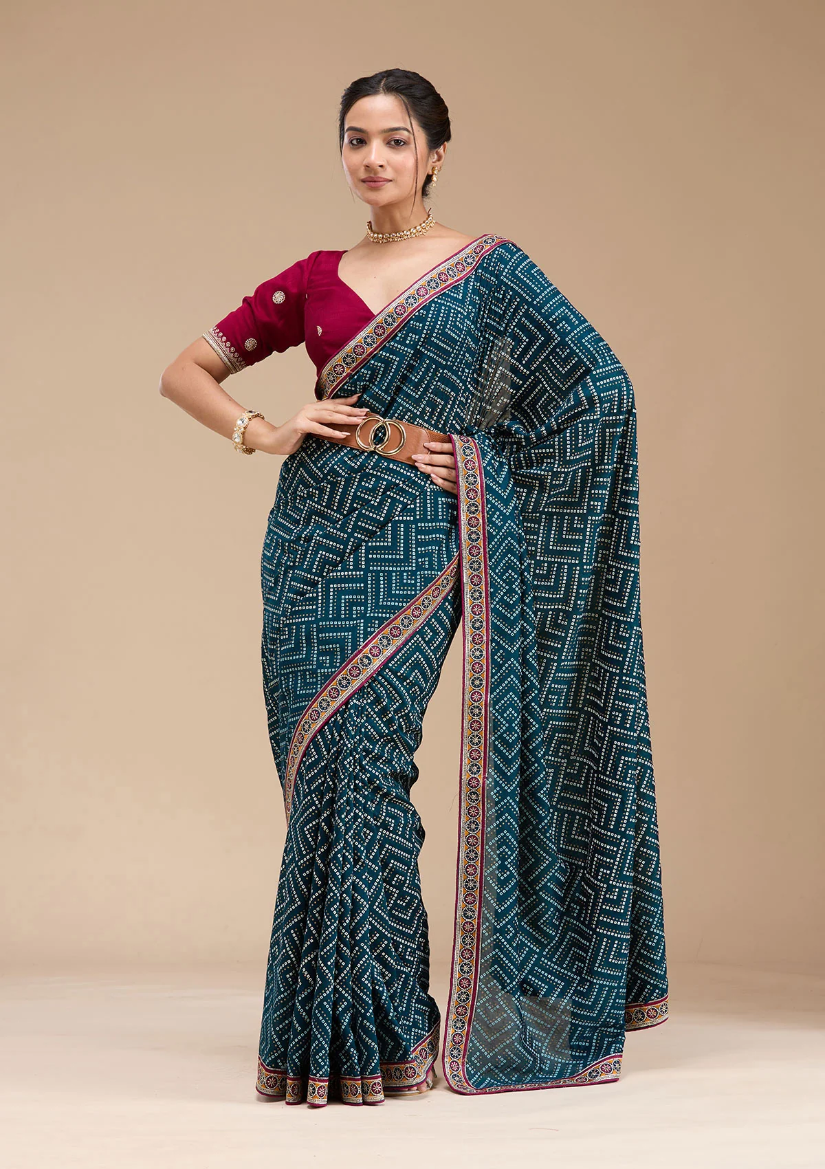 SAUS0044327_TEAL_GREEN_WINE_6.webp Teal Green Printed Soft Raw Silk Saree - Image 1
