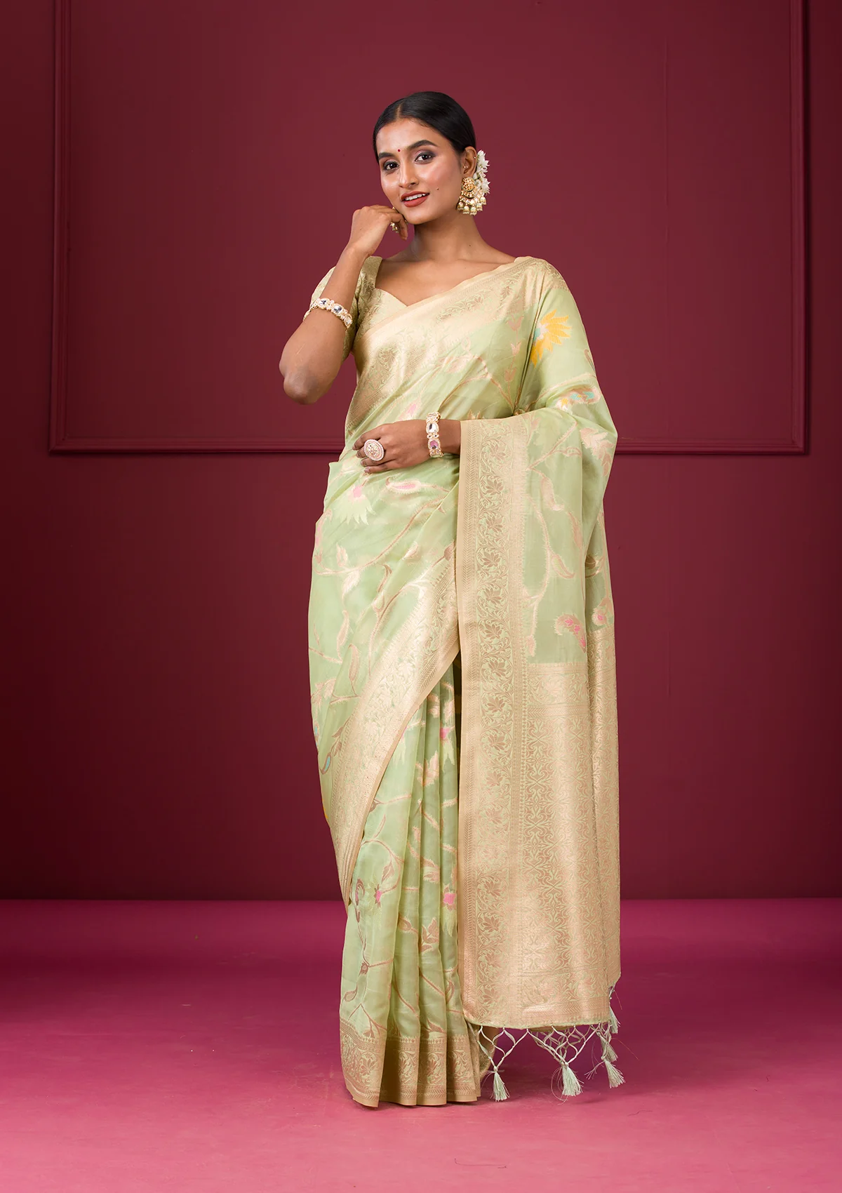 Pista Green Zariwork Tissue Saree - Image 4
