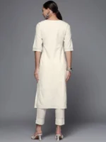 Off White Yoke Design Cotton Straight Kurta - Image 4