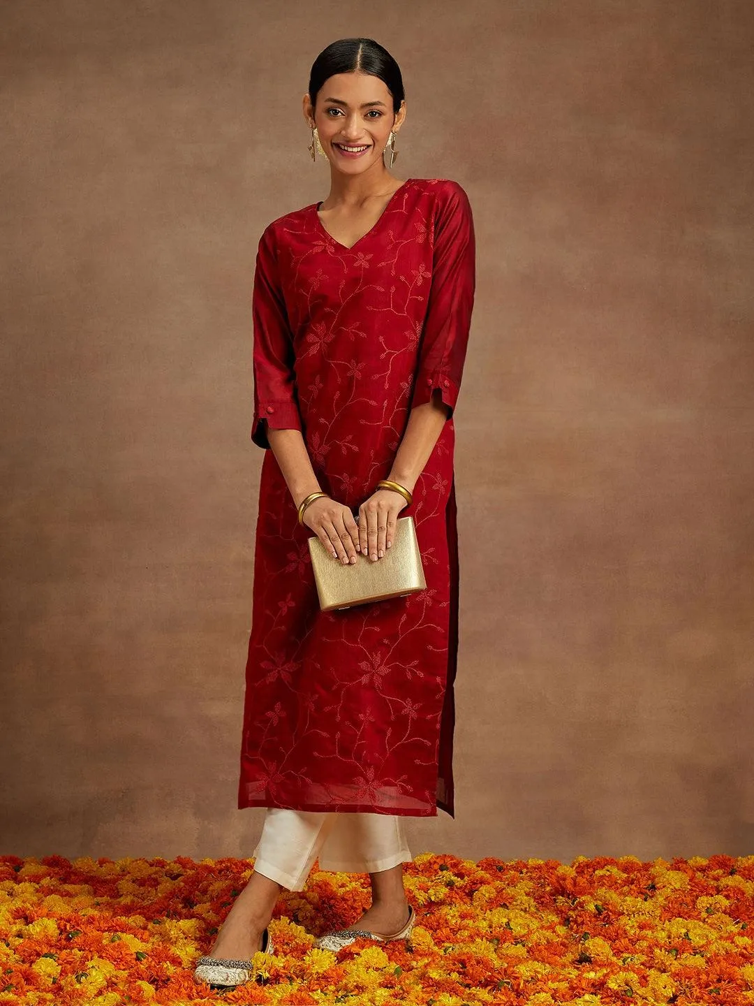 red-embroidered-chanderi-silk-straight-kurta-libas-1-1.webp Red Embroidered Chanderi Silk Straight Kurta - Image 1