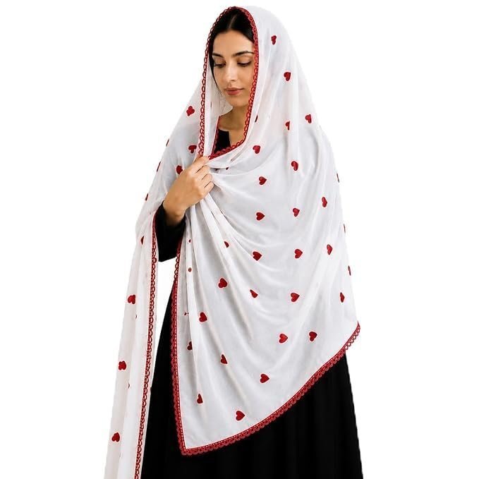 41uvytQ2gyL.jpg white dupatta with hearts and 4 side arco lace Arco Lace Border, Soft & Lightweight, Sofia Nazmin Fabric, Breathable Texture, Assorted Color hearts(Red Hearts) - Image 1