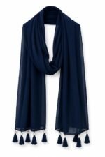 Navy Blue Chiffon Scarf with Pearl Tassel Trim