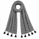 Black & White Geometric Print Scarf with Tassel Trim