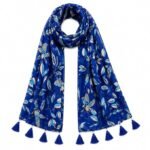 Blue Floral Bird Print Scarf with Tassel and Pearl Detail